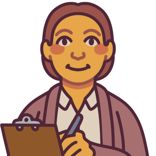 a person wearing a brown cardigan and white shirt, and holding a clipboard and a pen.